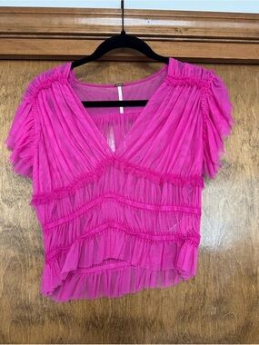 Free People Sheer Ruffle V-Neck Top - Bright Pink
